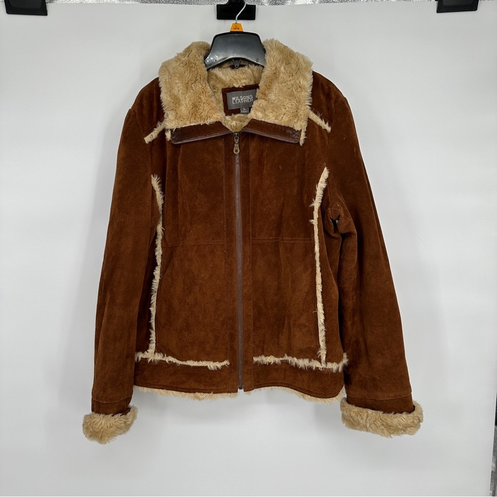 Wilson’s Leather Brown Leather Faux Fur Coat Large Womens